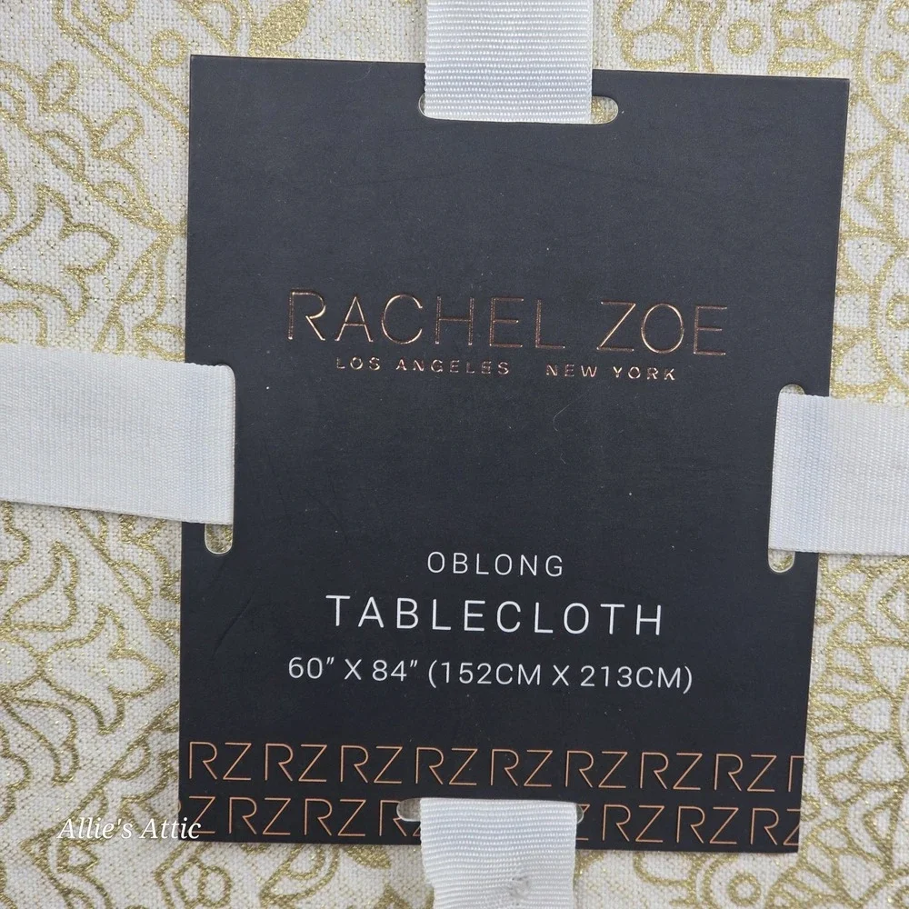 Rachel Zoe Tablecloth 60x84 New Gold White Beige Boho Floral Minimilist Cotton